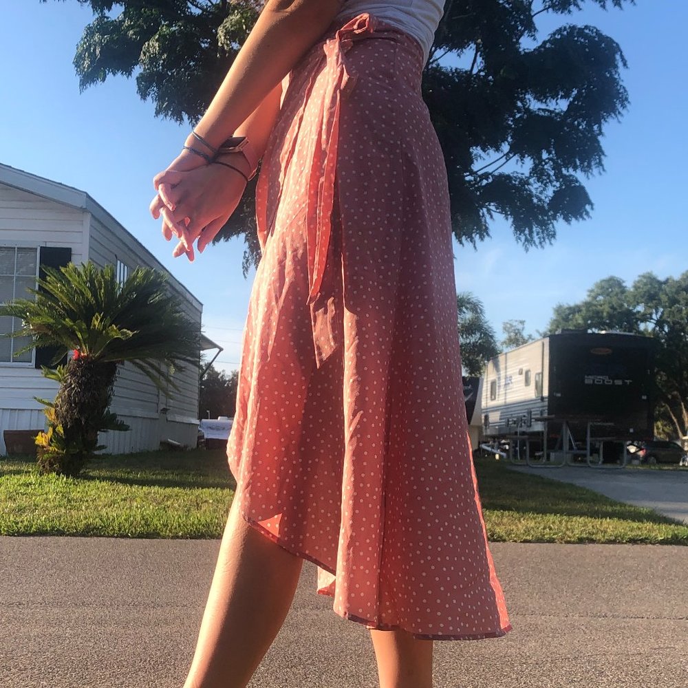 Women's Flowy Polka Dot High-Low Wrap Skirt. Midi Length